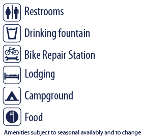 Amenities - Restrooms, Drinking Fountain, Bike Repair Station, Lodging, Campground, and Food