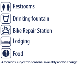 Amenities - Restrooms, Drinking Fountain, Bike Repair Station, Lodging, and Food